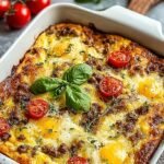 A golden brown cheesy egg casserole with Italian sausage and red peppers in a white baking dish.