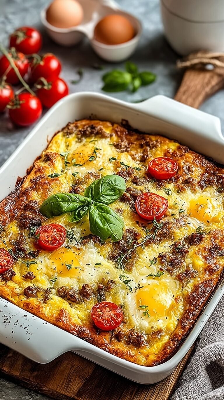 A golden brown cheesy egg casserole with Italian sausage and red peppers in a white baking dish.