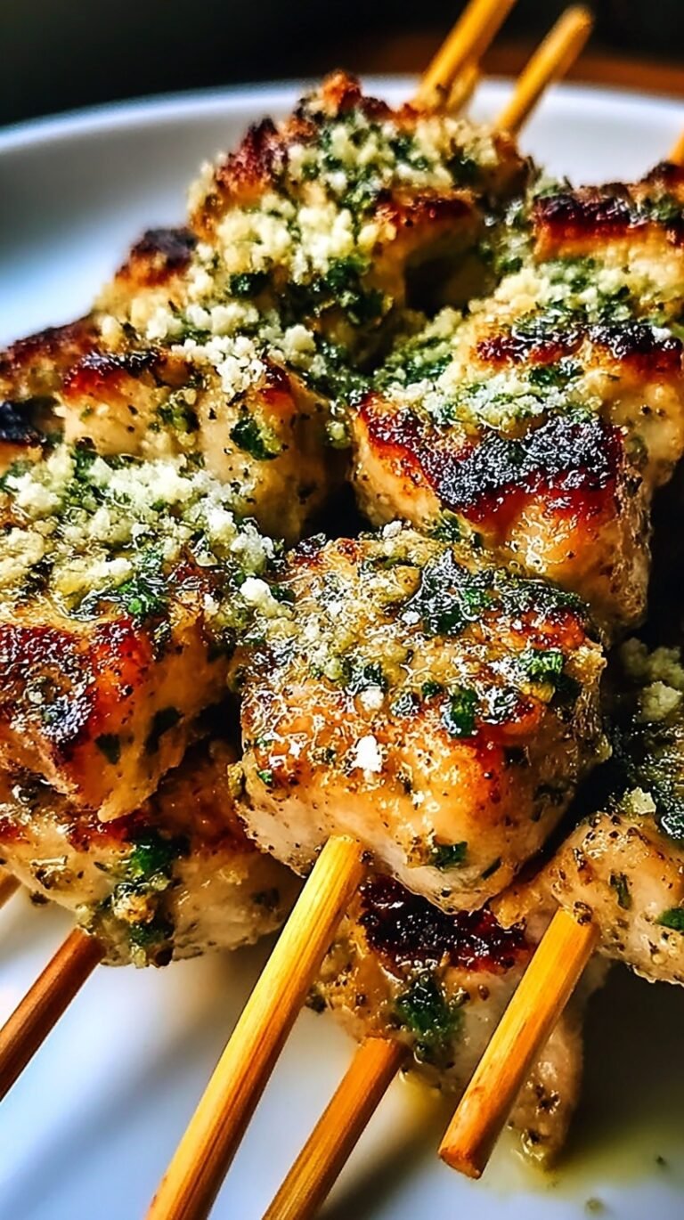 Grilled Garlic Parmesan Chicken Skewers on a white platter garnished with fresh parsley
