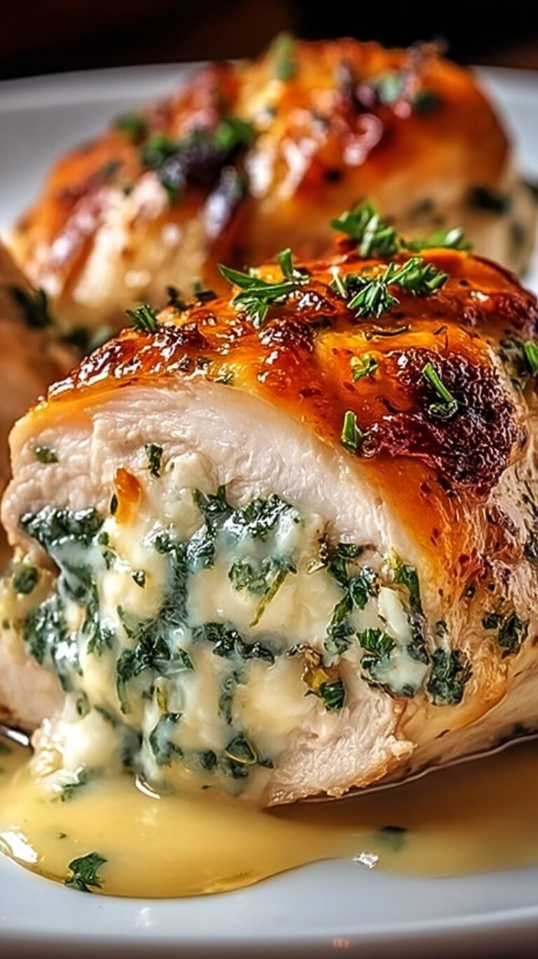 Golden brown oven-roasted chicken breast stuffed with melted cream cheese and cheddar on a white plate.