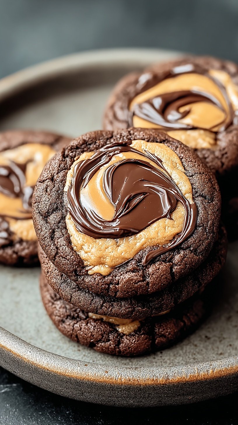A close up of marbled chocolate and peanut butter cookies on a cooling rack.