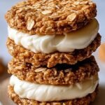 Two soft oatmeal creme pies stacked on a wire cooling rack with a glass of milk nearby.