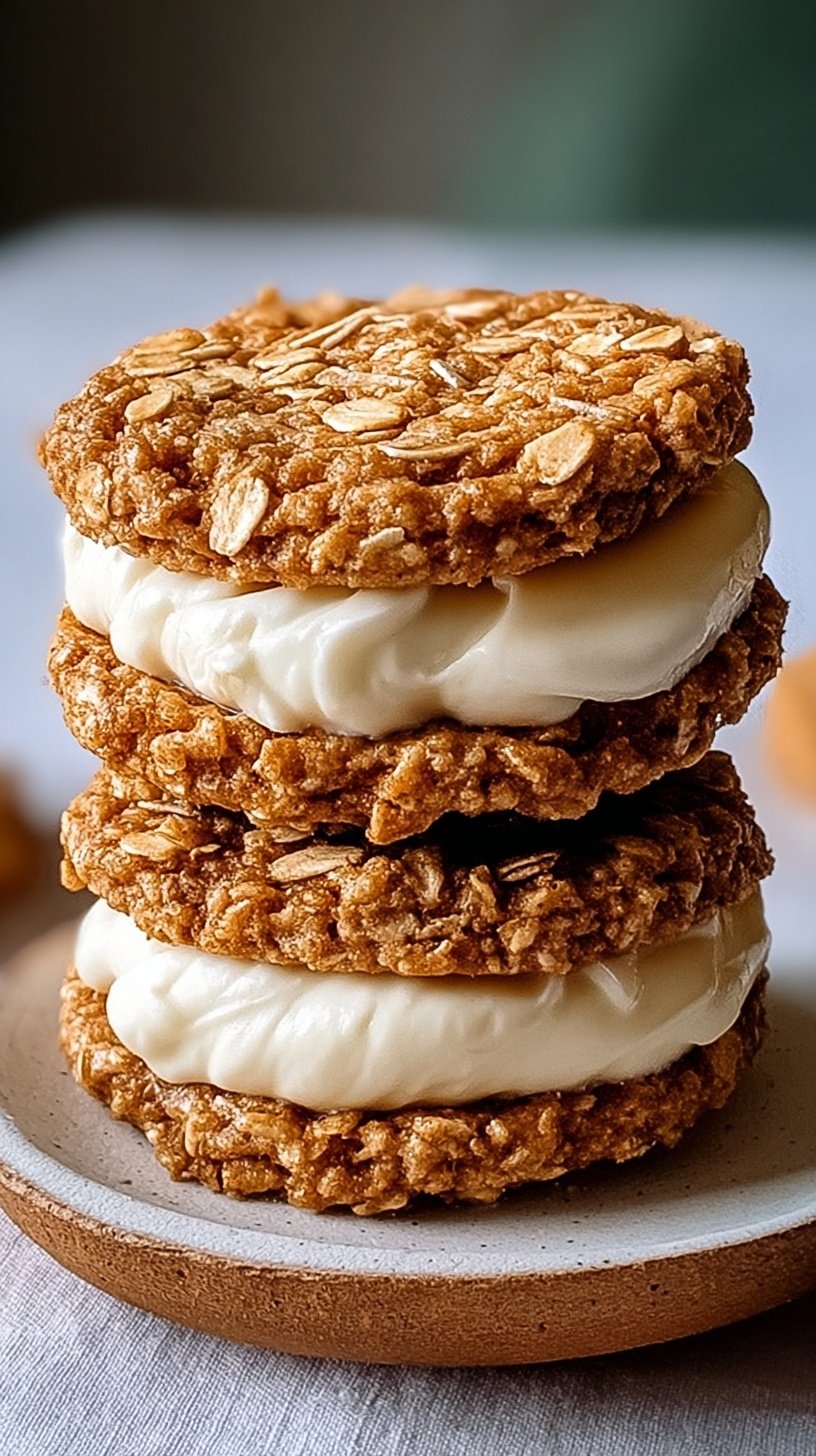 Two soft oatmeal creme pies stacked on a wire cooling rack with a glass of milk nearby.