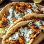 Roasted chicken and bell peppers inside a warm pita pocket drizzled with green herb ranch dressing