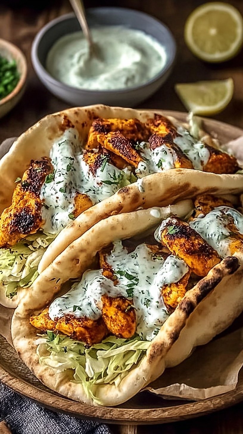 Roasted chicken and bell peppers inside a warm pita pocket drizzled with green herb ranch dressing