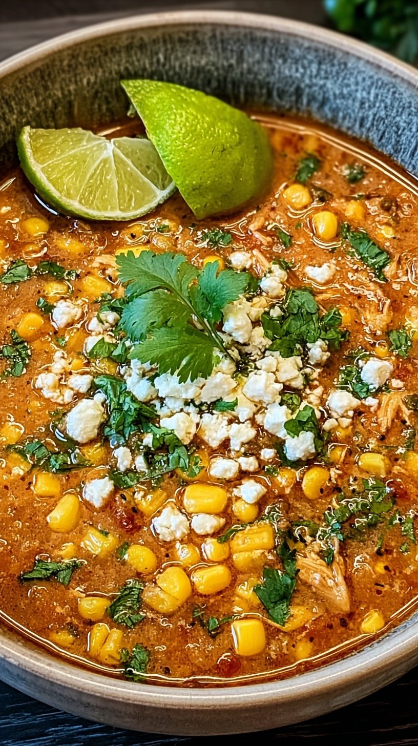 A bowl of creamy white chicken chili topped with cotija cheese, cilantro, and tajin seasoning.