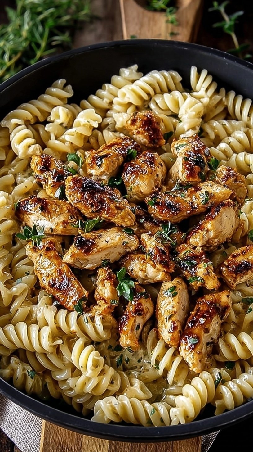 A bowl of creamy garlic chicken rotini garnished with fresh parsley
