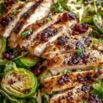 A fresh bowl of shredded Brussels sprout salad topped with sliced grilled chicken, almonds, and parmesan cheese.