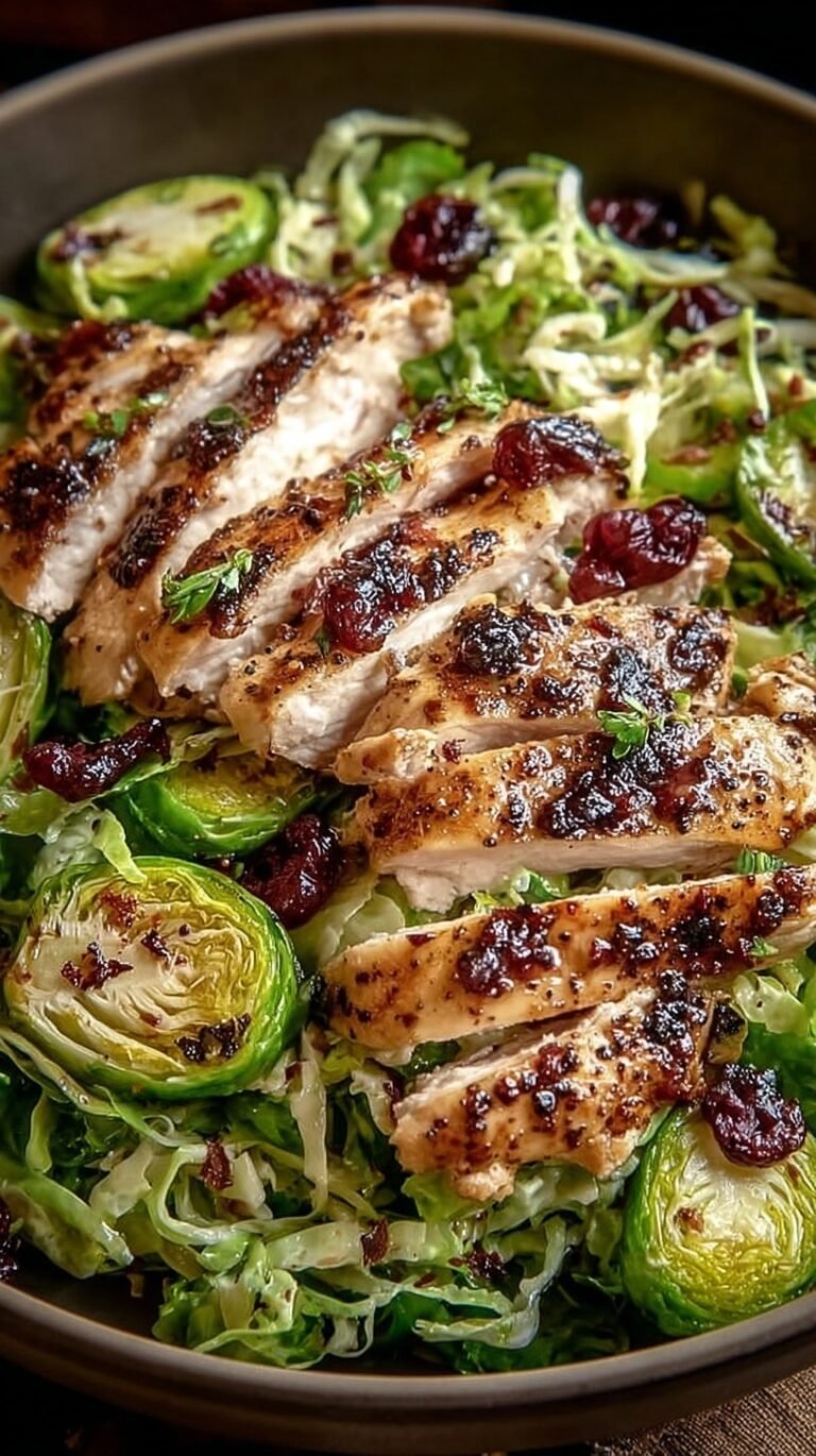 A fresh bowl of shredded Brussels sprout salad topped with sliced grilled chicken, almonds, and parmesan cheese.