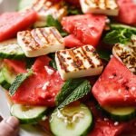 A vibrant Grilled Halloumi Watermelon Salad on a white platter with fresh mint and hot honey dressing.