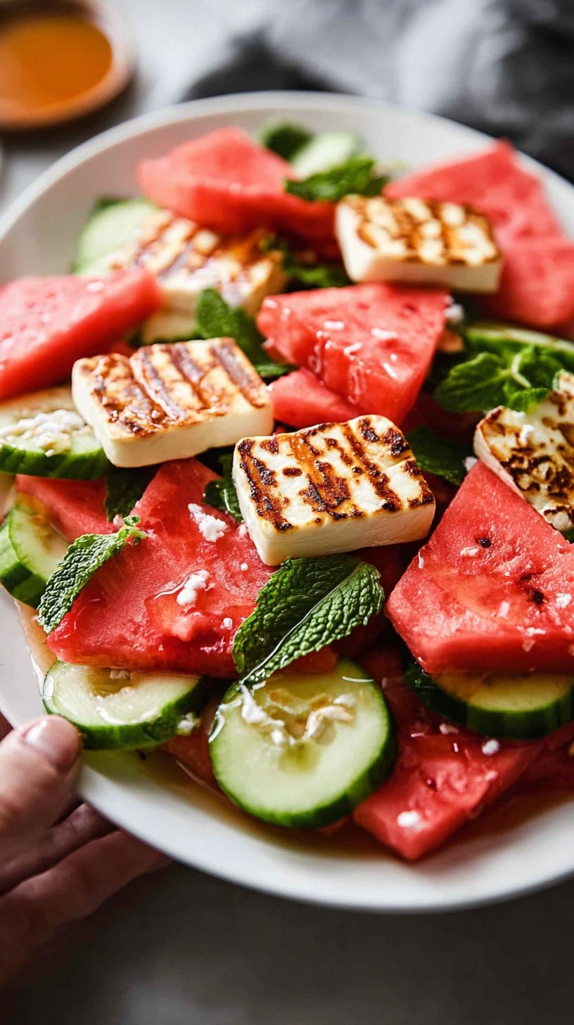 A vibrant Grilled Halloumi Watermelon Salad on a white platter with fresh mint and hot honey dressing.