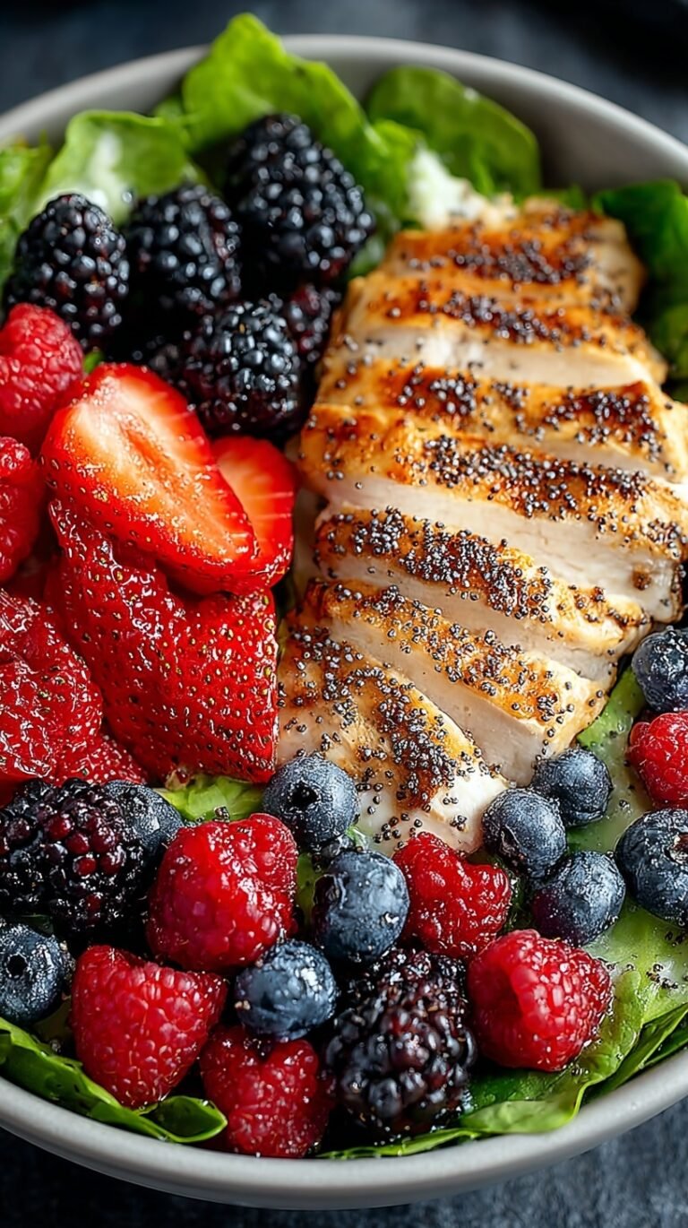 A vibrant berry chicken salad topped with strawberries, blueberries, and pecans in a large bowl.
