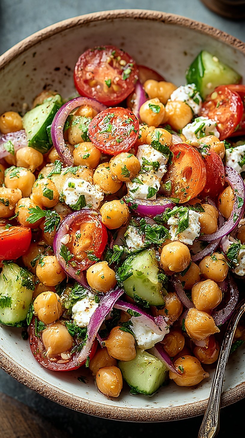 A colorful bowl of Mediterranean chickpea salad with cucumbers, peppers, and feta cheese