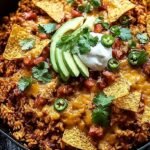 A top-down view of a cheesy chicken and rice skillet topped with crunchy tortilla strips and melted Mexican cheese.