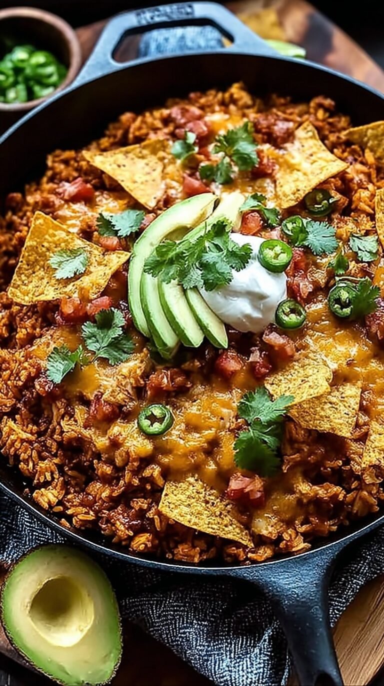 A top-down view of a cheesy chicken and rice skillet topped with crunchy tortilla strips and melted Mexican cheese.