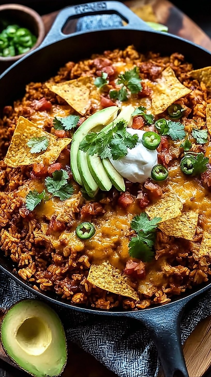 A top-down view of a cheesy chicken and rice skillet topped with crunchy tortilla strips and melted Mexican cheese.
