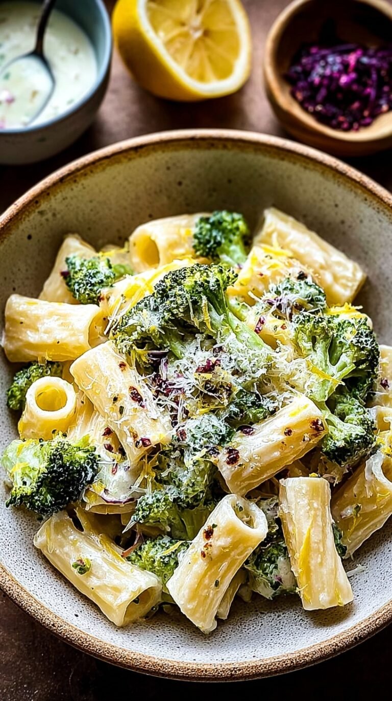 A bowl of creamy lemon ricotta pasta with green broccoli florets and parmesan cheese