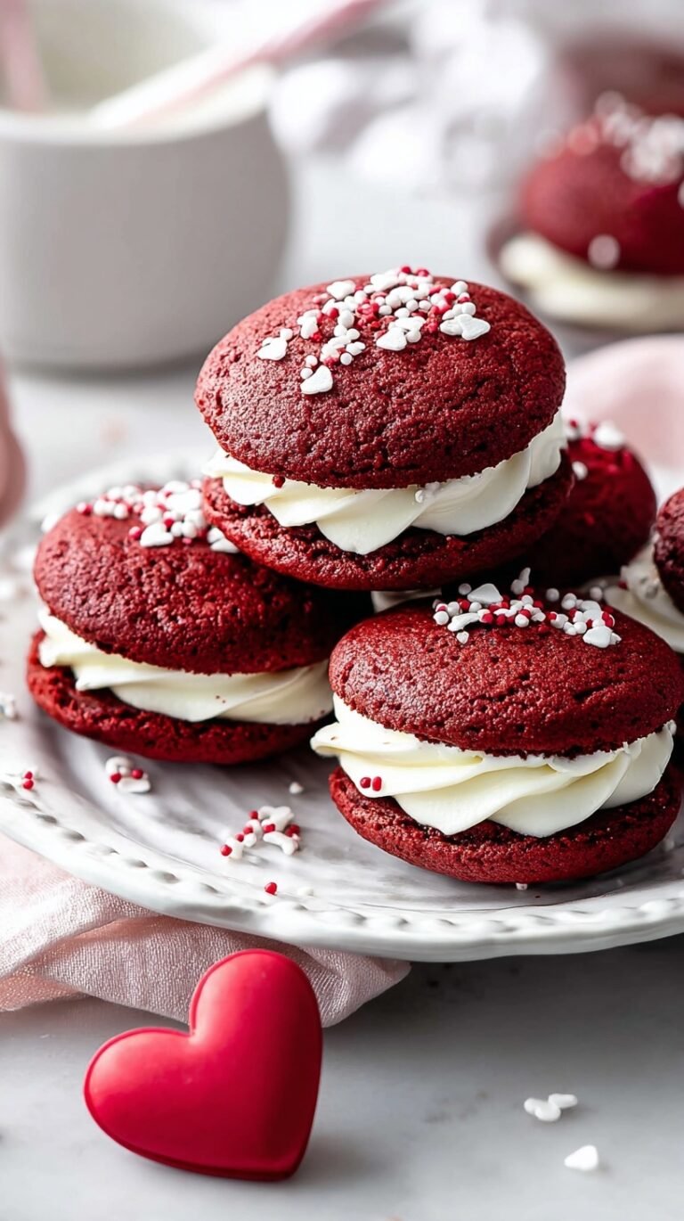 Two red velvet whoopie pies with white cream cheese frosting on a white plate