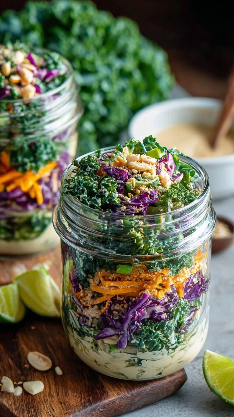 Four glass mason jars filled with layered colorful vegetables, chickpeas, and kale