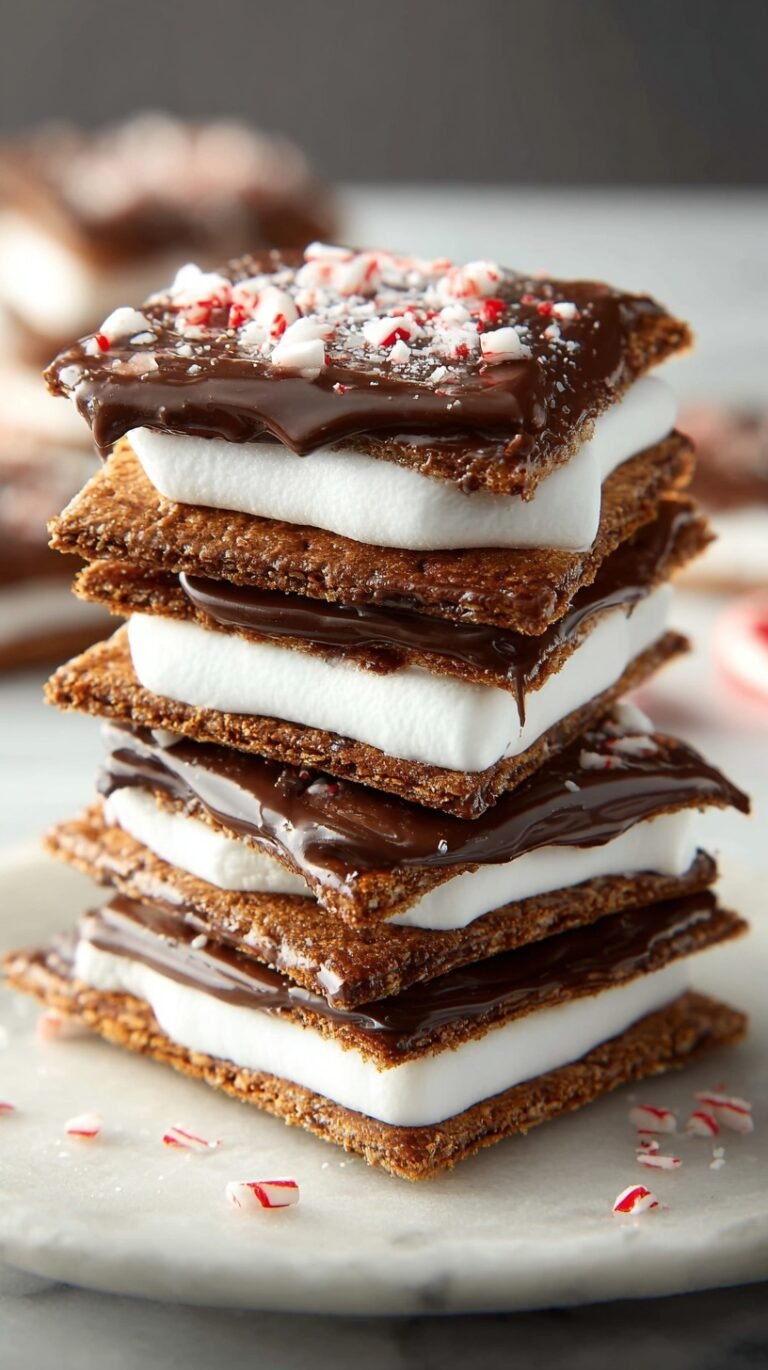 Toasted indoor peppermint smores with melted dark chocolate and crushed candy canes on a baking sheet.