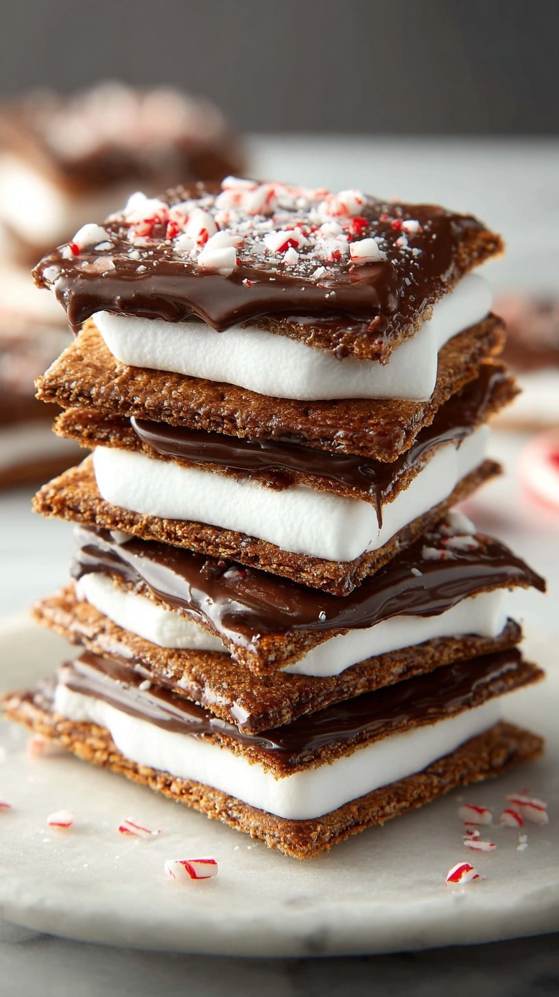 Toasted indoor peppermint smores with melted dark chocolate and crushed candy canes on a baking sheet.