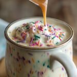 A glass jar of white coffee creamer with rainbow sprinkles and a cup of coffee.