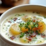A bowl of creamy potato soup topped with shredded cheddar cheese and fresh herbs
