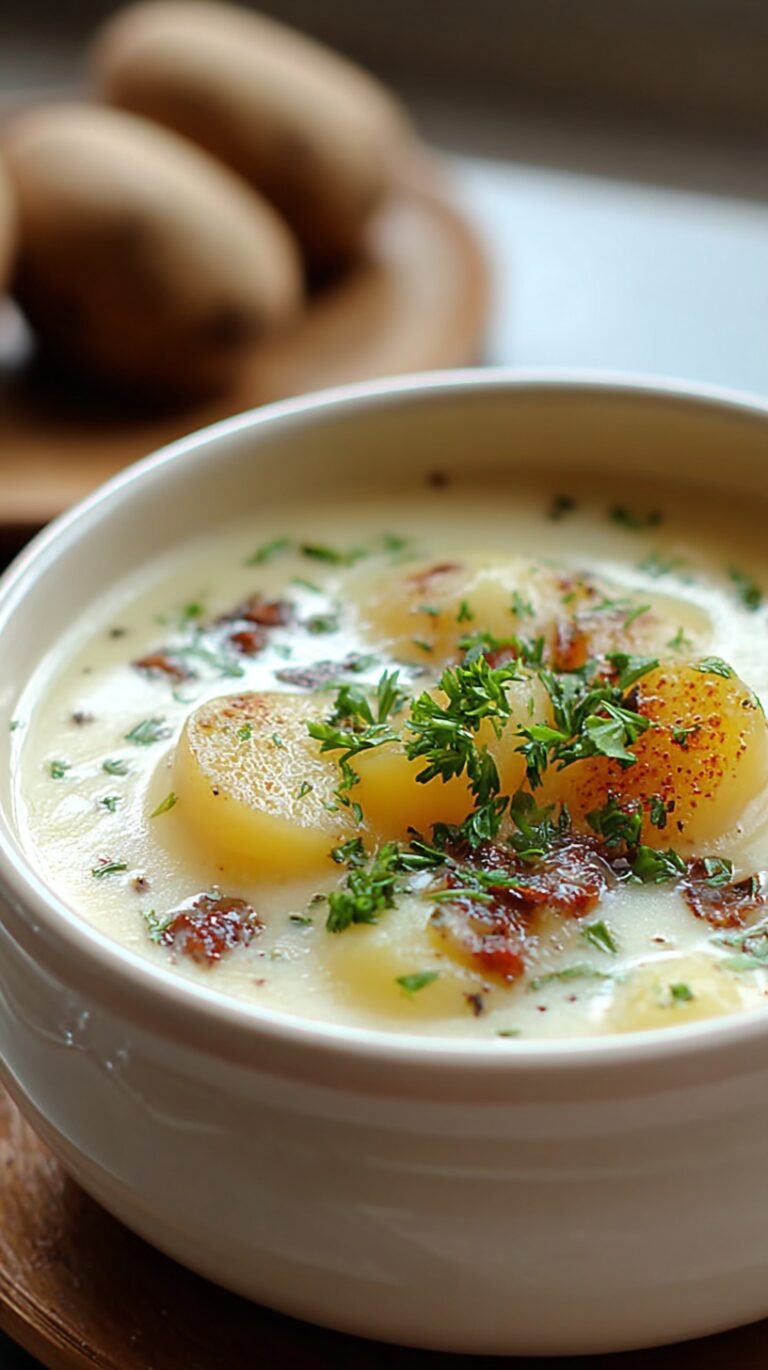 A bowl of creamy potato soup topped with shredded cheddar cheese and fresh herbs