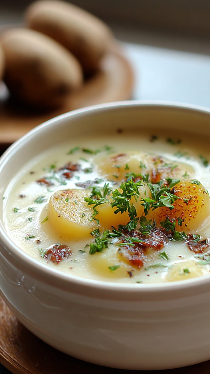 A bowl of creamy potato soup topped with shredded cheddar cheese and fresh herbs
