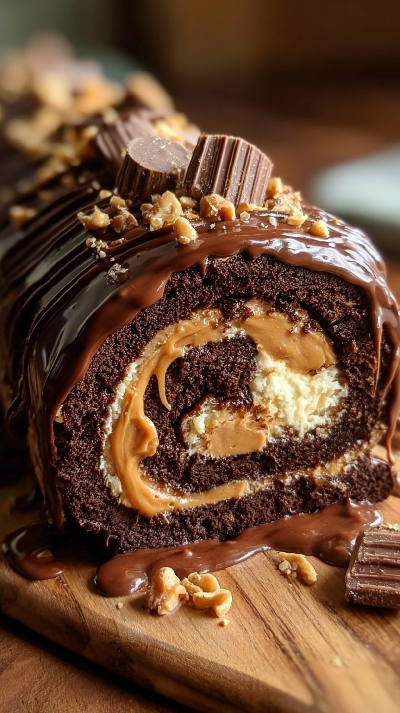 A decadent chocolate cake roll filled with peanut butter cream and topped with chocolate ganache and chopped peanut butter cups.