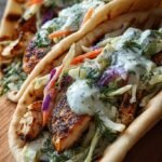 Grilled chicken strips and herby ranch slaw inside a warm pita bread with cucumber slices.