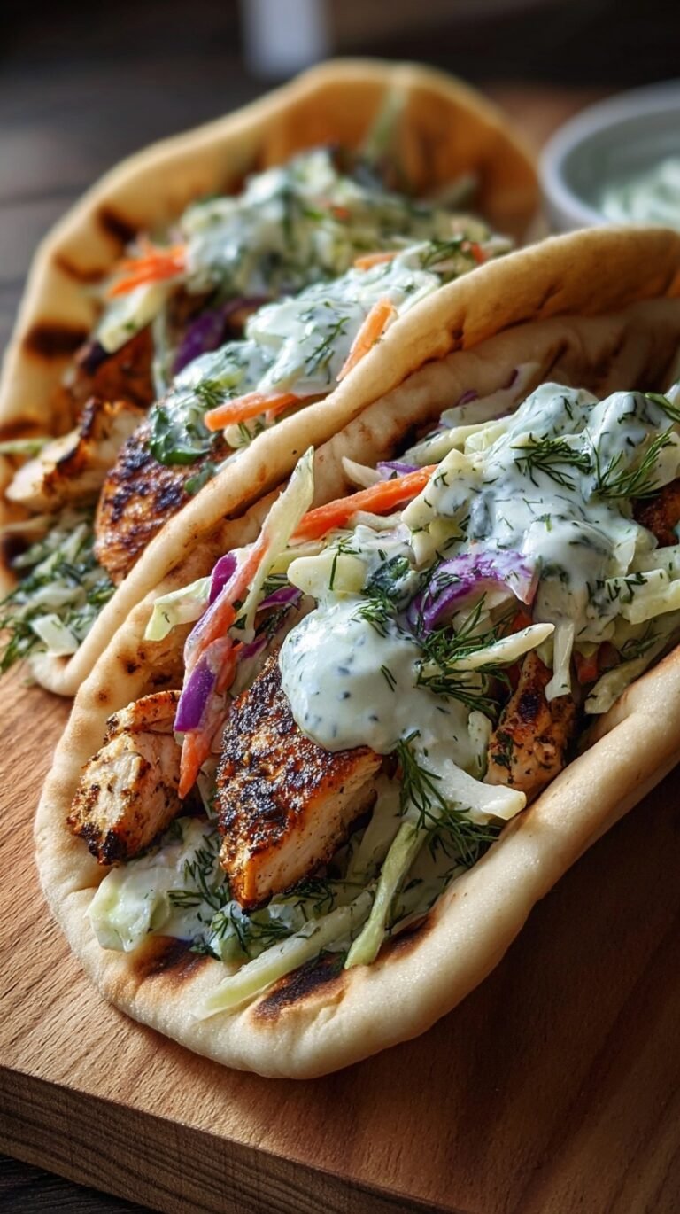 Grilled chicken strips and herby ranch slaw inside a warm pita bread with cucumber slices.