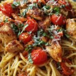 A bowl of Bruschetta Chicken Pasta topped with fresh tomatoes, basil, and balsamic glaze