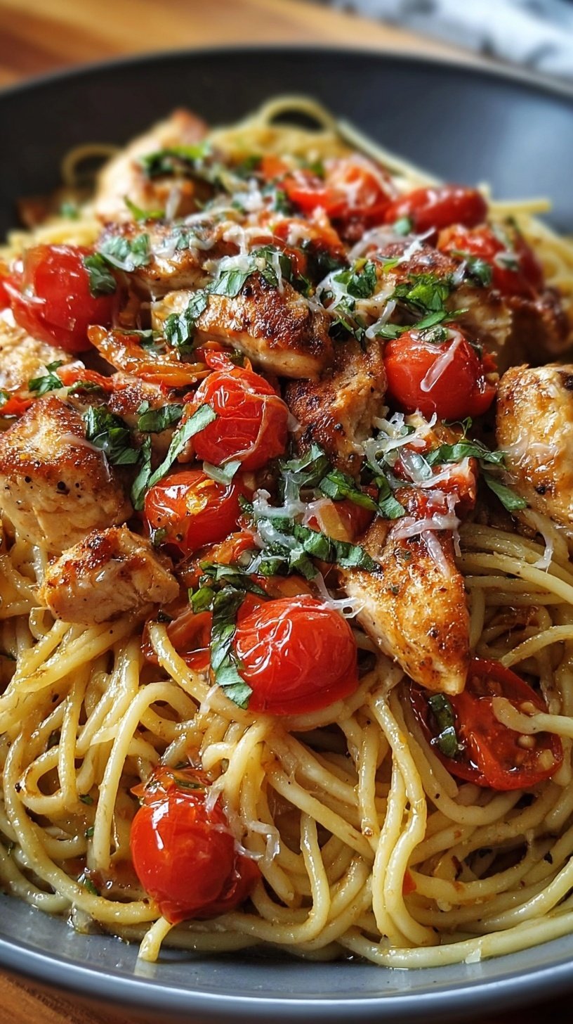 A bowl of Bruschetta Chicken Pasta topped with fresh tomatoes, basil, and balsamic glaze