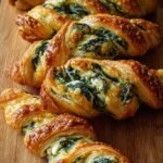 Golden brown twisted puff pastry sticks filled with green spinach and white feta cheese on a baking sheet.