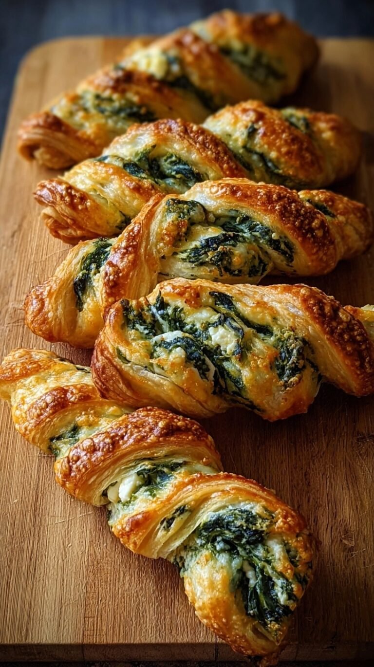 Golden brown twisted puff pastry sticks filled with green spinach and white feta cheese on a baking sheet.