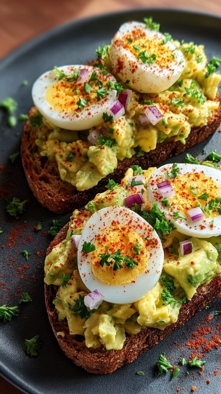 Two slices of whole grain toast topped with creamy avocado egg salad and a dusting of red paprika.