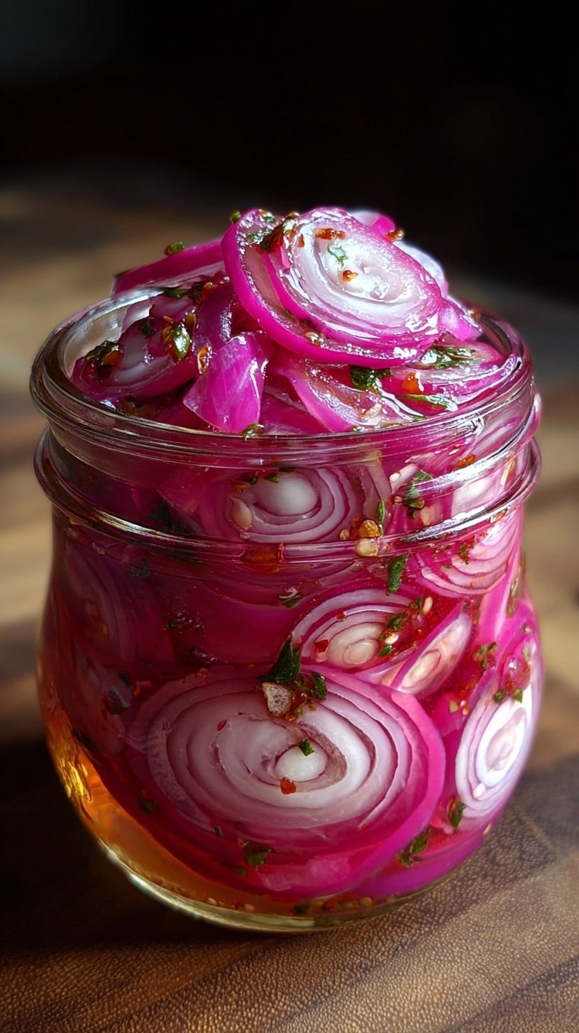 A glass jar filled with vibrant pink sliced red onions in a clear pickling liquid with red pepper flakes.