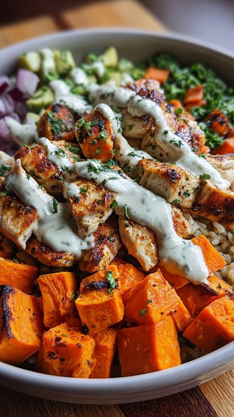 A vibrant bowl with roasted chicken, sweet potatoes, kale, and quinoa drizzled with tahini sauce.