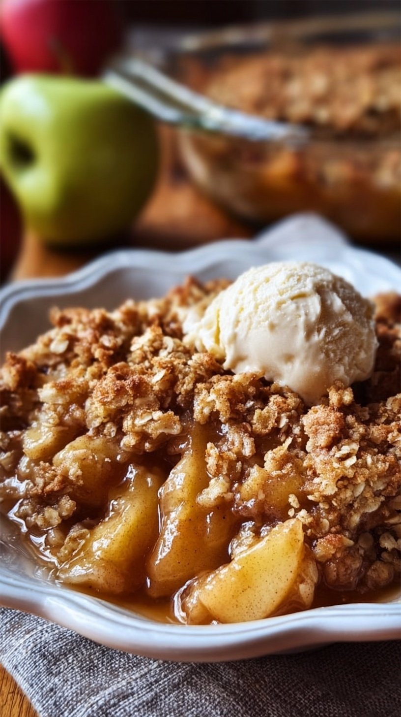 A warm baking dish filled with sliced apples and a golden brown oat crumble topping.