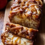 A sliced loaf of golden caramel apple fritter bread topped with rich caramel glaze