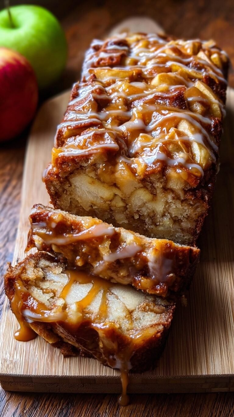 A sliced loaf of golden caramel apple fritter bread topped with rich caramel glaze