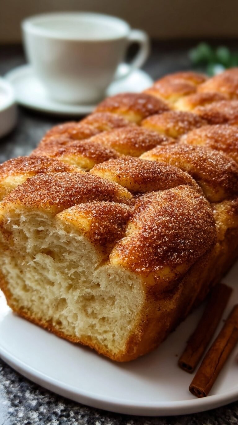 A sliced loaf of Cinnamon Donut Bread with a thick cinnamon-sugar crust on a wire cooling rack.