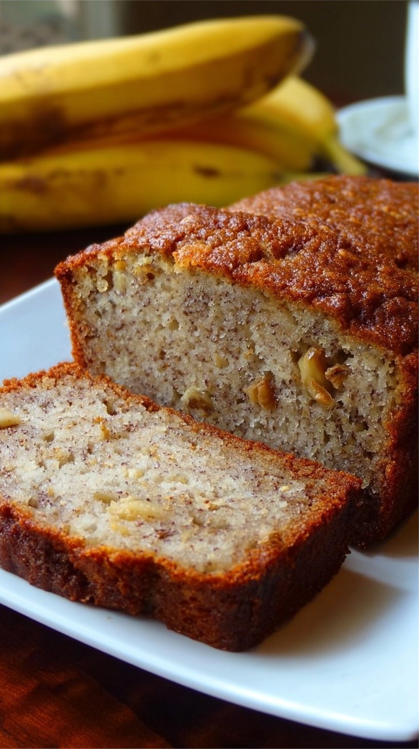 A sliced loaf of golden brown banana bread on a wooden board with melted butter