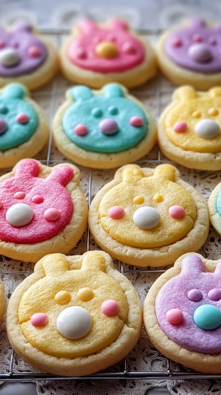 Shortbread bunny button cookies with pink ears and button holes on a white plate