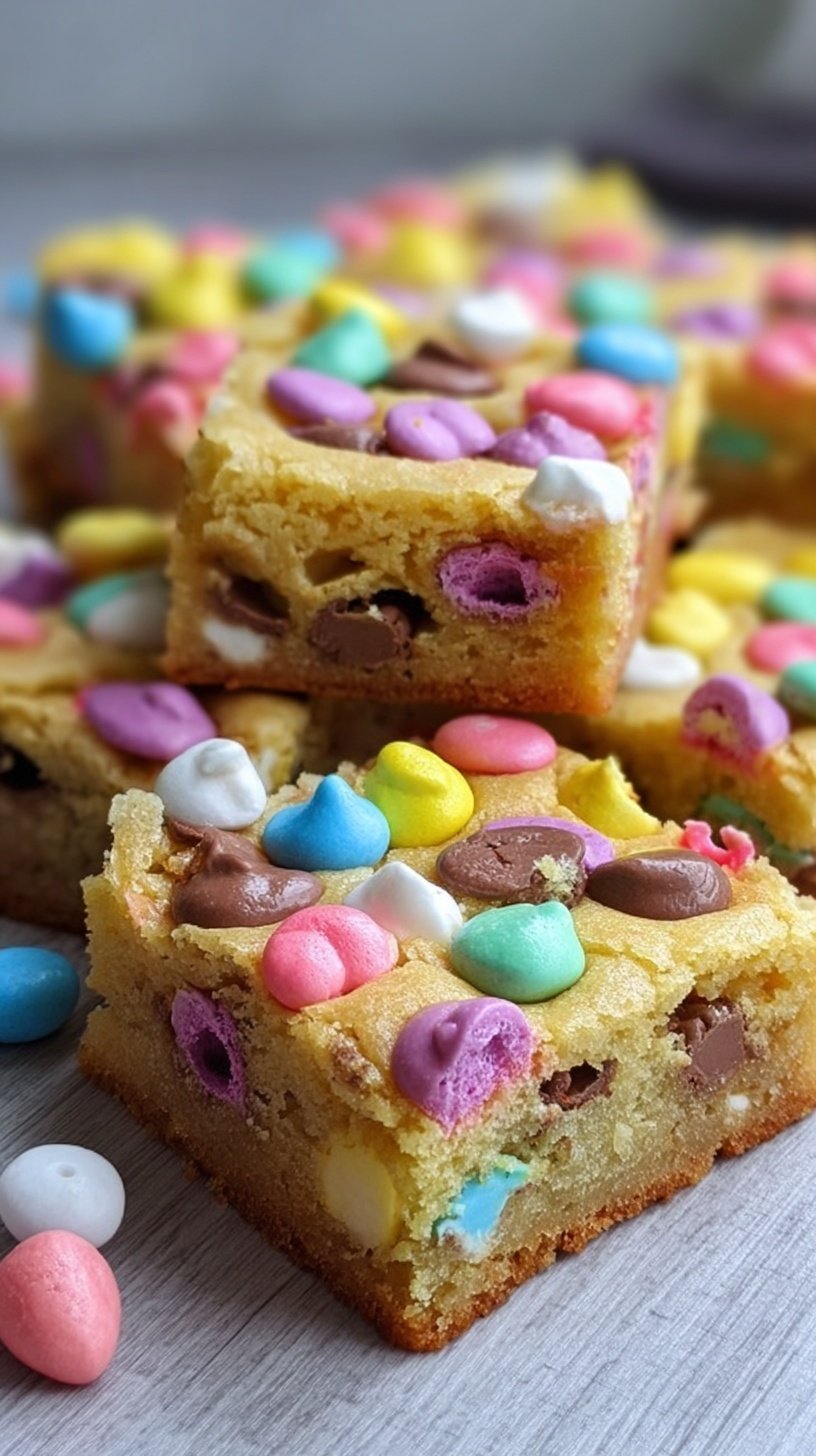 Chewy Easter cake mix cookie bars loaded with pastel sprinkles and chopped chocolate eggs on a cooling rack.