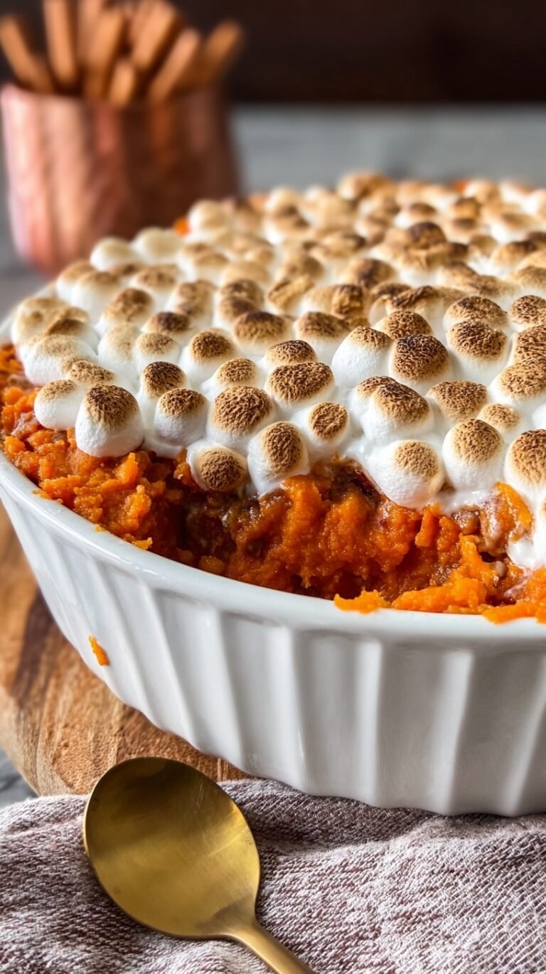 A golden-brown sweet potato casserole topped with toasted marshmallows and chopped pecans in a white baking dish.