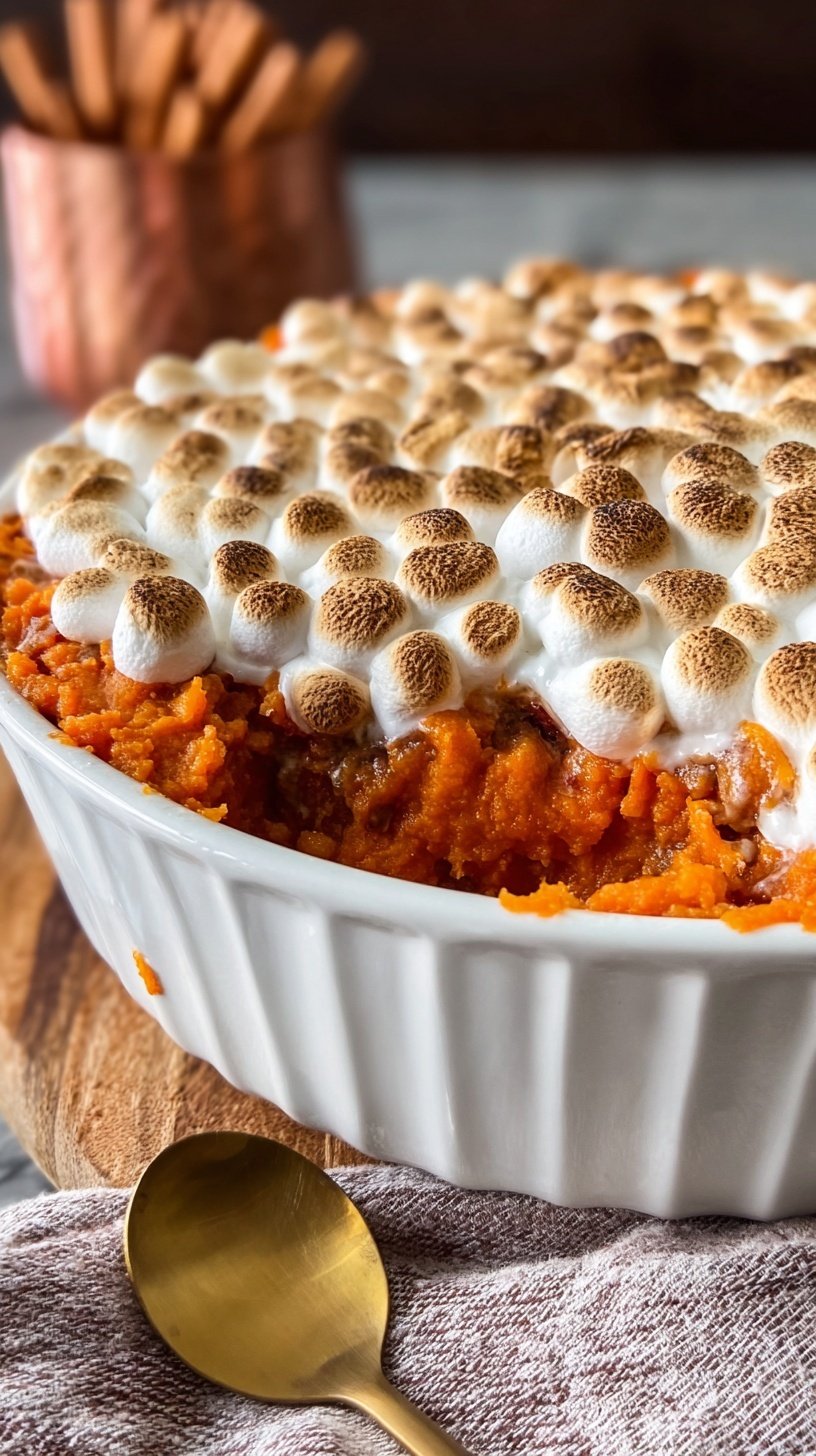 A golden-brown sweet potato casserole topped with toasted marshmallows and chopped pecans in a white baking dish.