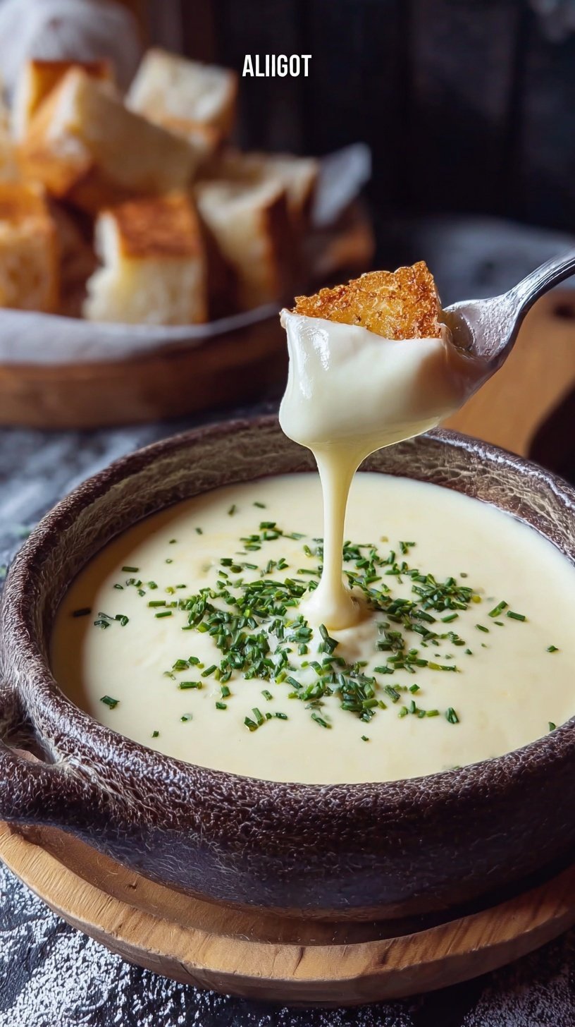 A wooden spoon lifting stretchy, cheesy Aligot with Baked Garlic from a pot