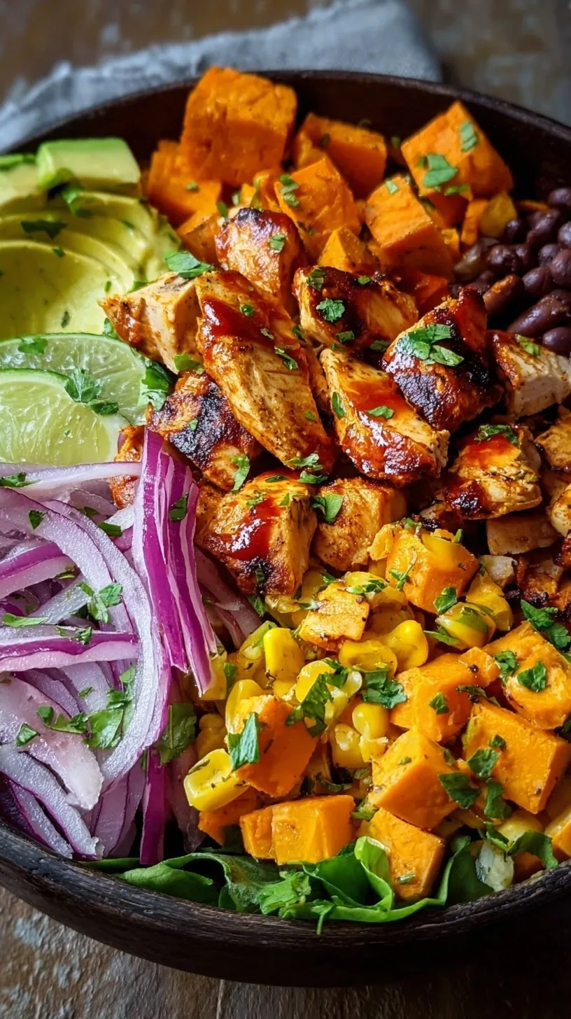 A vibrant meal prep container filled with roasted sweet potatoes, BBQ shredded chicken, black beans, and corn.
